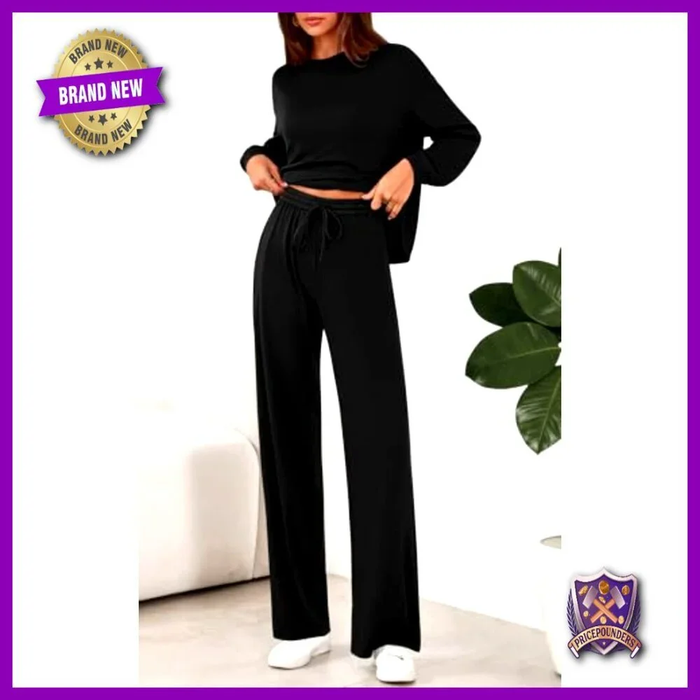 Loose Fit Long Sleeve Crewneck Wide Leg Pants Lounge Set Two Piece Tracksuit